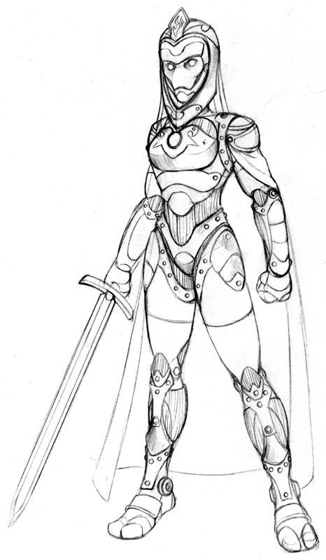 Pencils for a full-body shot of the female warforged. 